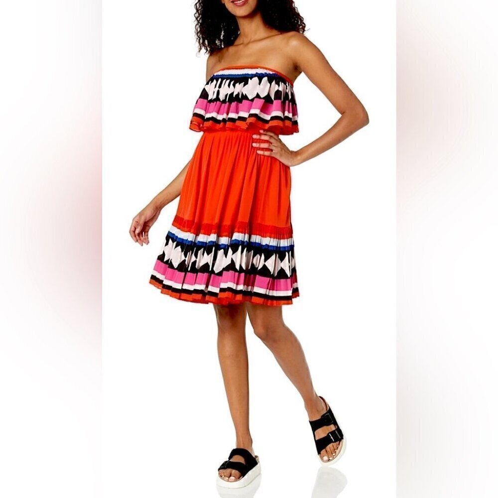 Kate Spade New York, Geo Border Printed Pleated Dress, Red Strapless, Flowy, 6